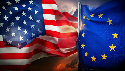 Flags of the United States, and the European Union Represent Global Geopolitical and Economic Influence Amidst Strategic Competition and Diplomatic Challenges