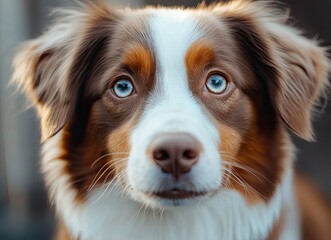 Close-up Portrait of Australian Shepherd with Striking Blue Eyes Looking Directly