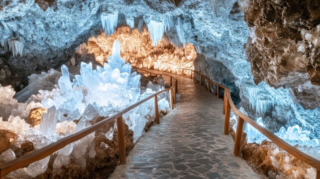 Crystal Cave Pathway Illuminated by Natural Light Featuring Stunning Stalactites and Stalagmit