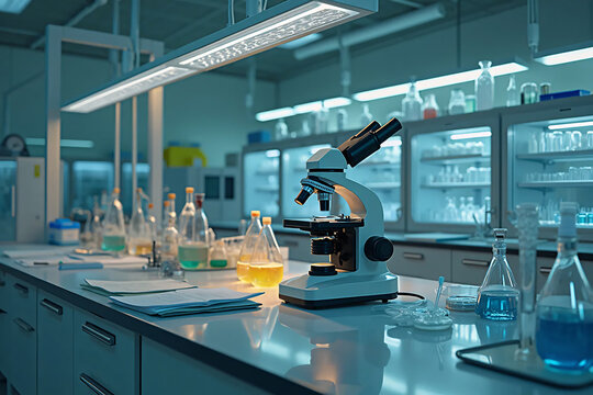 Optical light microscope on a table in a laboratory. Flasks with chemical reagents in a biolab room. Cool blue tone lighting.