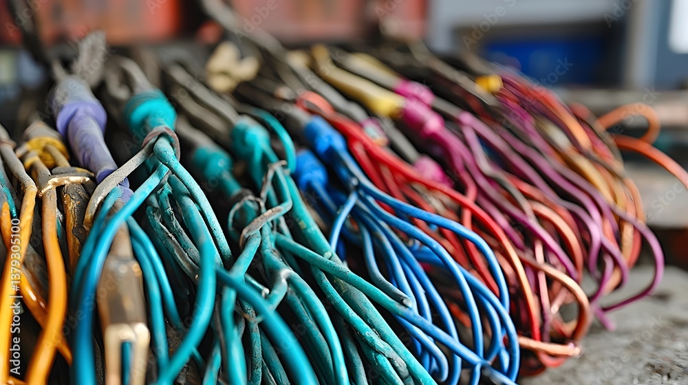 Aufkleber close up view of a collection of colorful interconnected wires cables and copper grounding rods used