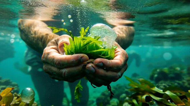 Underwater Seaweed Harvest: Hands Gently Gathering Ocean Greens
