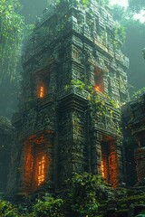 An ancient moss-covered stone tower illuminated from within, hidden deep in a tropical forest. Great for fantasy posters or adventure book covers