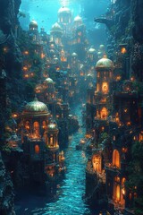 A glowing enchanted underwater city with golden domes and bioluminescent waters, nestled in deep blue canyons. Ideal for fantasy posters or magical wallpapers
