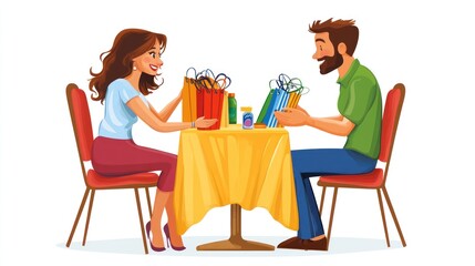 Fototapeta premium Happy Couple Sharing Shopping Bags Over a Table Enjoying a Casual Lunch Together