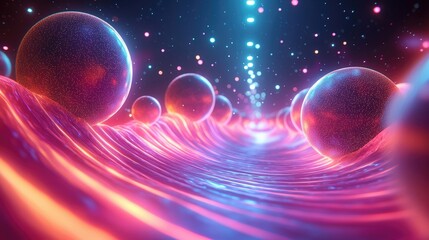 Glowing spheres float along a luminous wave in a cosmic abstract space. Perfect as a science-themed wallpaper, tech poster, or modern digital cover