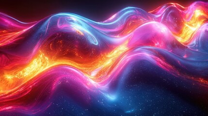 A vivid display of glowing fluid waves in pink, orange, and blue hues, creating a mesmerizing cosmic motion. Great for sci-fi covers, tech art, or vibrant wallpapers