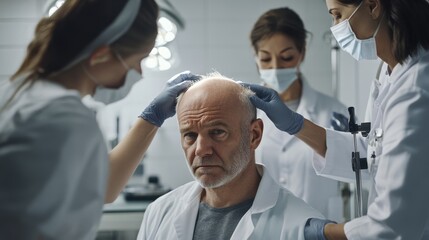 Obraz premium A middle-aged man is receiving hair loss treatment in the hospital, surrounded by doctors and nurses
