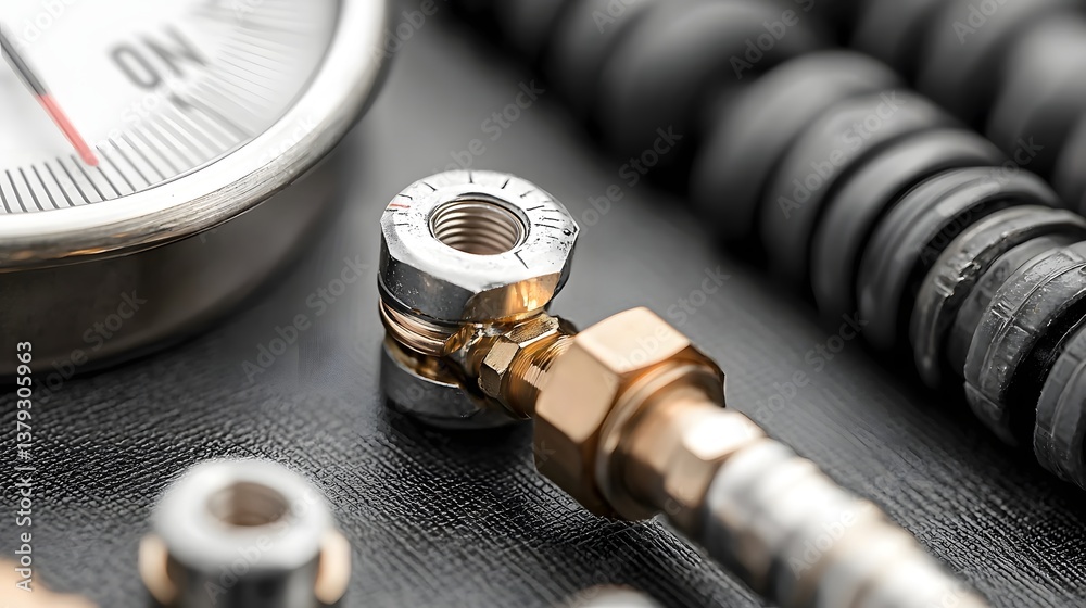 Poster close up view of a water pressure gauge with a brass threaded connector for monitoring and controlli