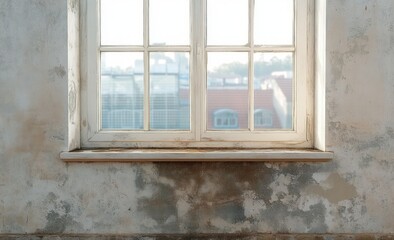 Fototapeta premium Damaged Wall with Water Stains below Vintage Window in City Apartment