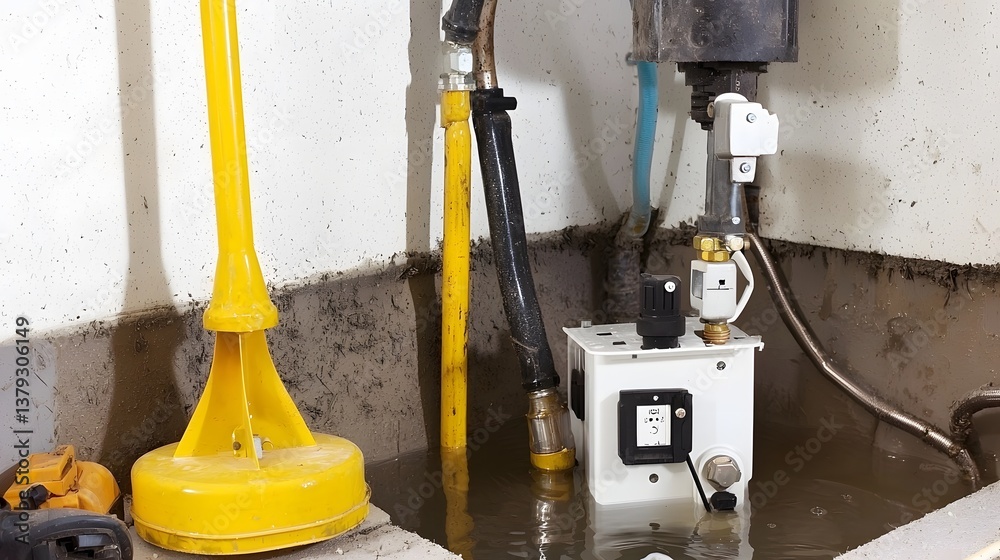 Poster Close up view of a yellow sump pump with a float switch mechanism used for basement water drainage and flood prevention