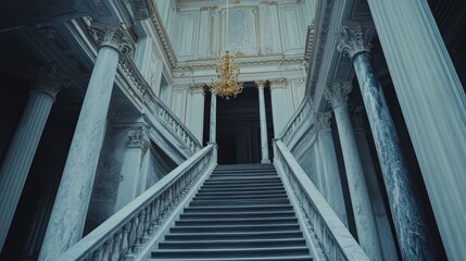 Fototapeta premium Grand Staircase with Ornate Columns and Chandelier in a Luxurious Interior Setting