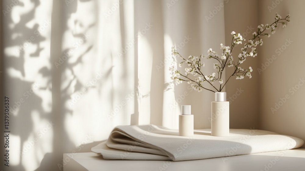 Poster elegant minimalistic display featuring vases and soft textiles in a sunlit room with soft shadows