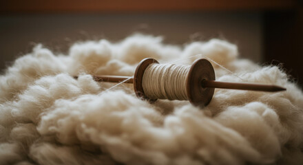 Spindle with wool threads nestled in soft wool pile  