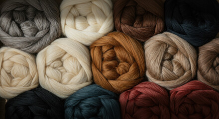 Piles of wool showcasing vibrant colors in an organized arrangement  