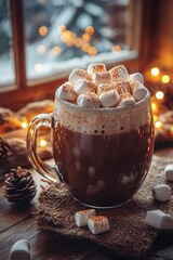 A cozy glass mug of hot cocoa topped with marshmallows, set by a rustic window with festive lights. Perfect for holiday menus, winter-themed posts, or cozy food photography
