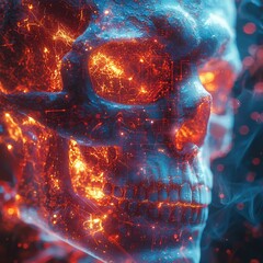 Fiery glowing skull with neural circuits burning inside. Suited for dark sci-fi, concept art, or cyber horror visuals