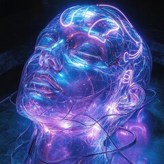 A transparent human head made of glass and glowing with violet and blue neon wires in a dark futuristic setting. Great for a sci-fi book cover or tech-inspired wallpaper