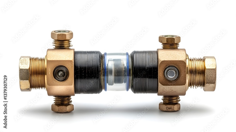 Aufkleber detailed image of a water pressure regulator mechanism with brass connectors designed for controllin