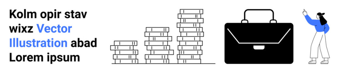 Woman gesturing toward vertical text, stacked books symbolize growth or learning, black briefcase conveys professionalism. Ideal for education, business strategy, career, success, goals, analysis or