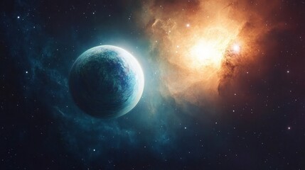 Vibrant Blue Green Planet in Cosmic Space with Stars and Nebula