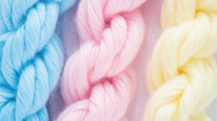 Colorful pastel background with soft pink, blue, and yellow yarn texture