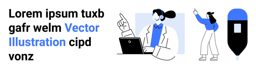 Team presenting ideas with laptop, writing on screen, and large streamlined infographic. Ideal for education, teamwork, creativity, technology, communication, innovation simple landing page