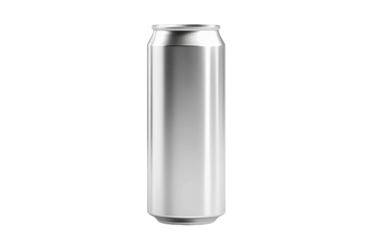 Blank silver aluminum can showing no branding or label for beverage packaging mockup or design in a minimalistic style on isolated background.