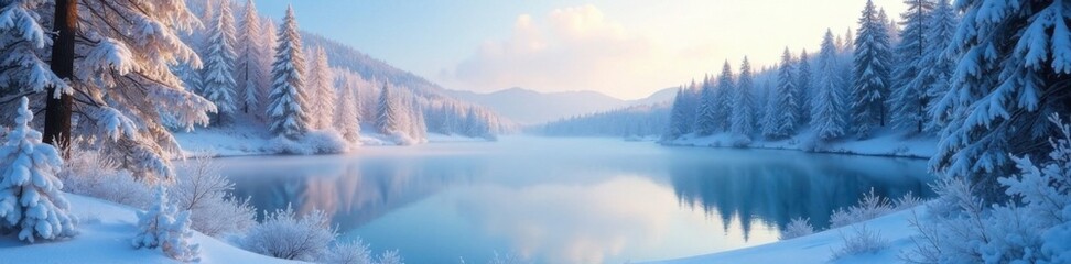 Frosty forest landscape with snow-covered trees and frozen lake, ice, forest, serene