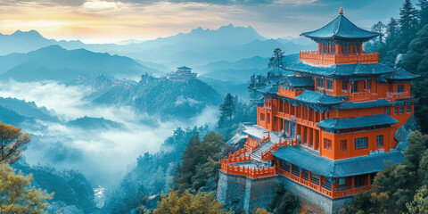 Obraz premium Watercolor illustration of a Tibetan monastery nestled in the mountains during sunrise