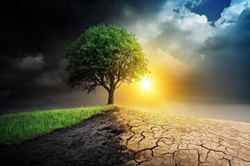 A tree stands between different environments under a vibrant sky