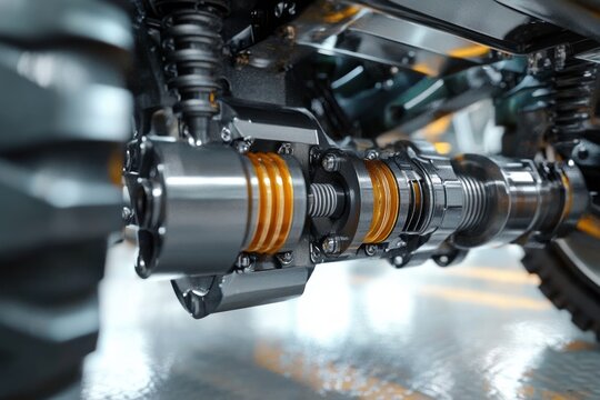 Detailed Close-up of Vehicle Suspension System with Shock Absorber Drive Shaft and Axle Components for Off-Road Performance