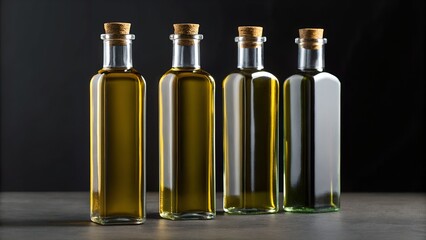 Thin glass bottles with oils on a dark background- sophistication and style, without inscriptions and text