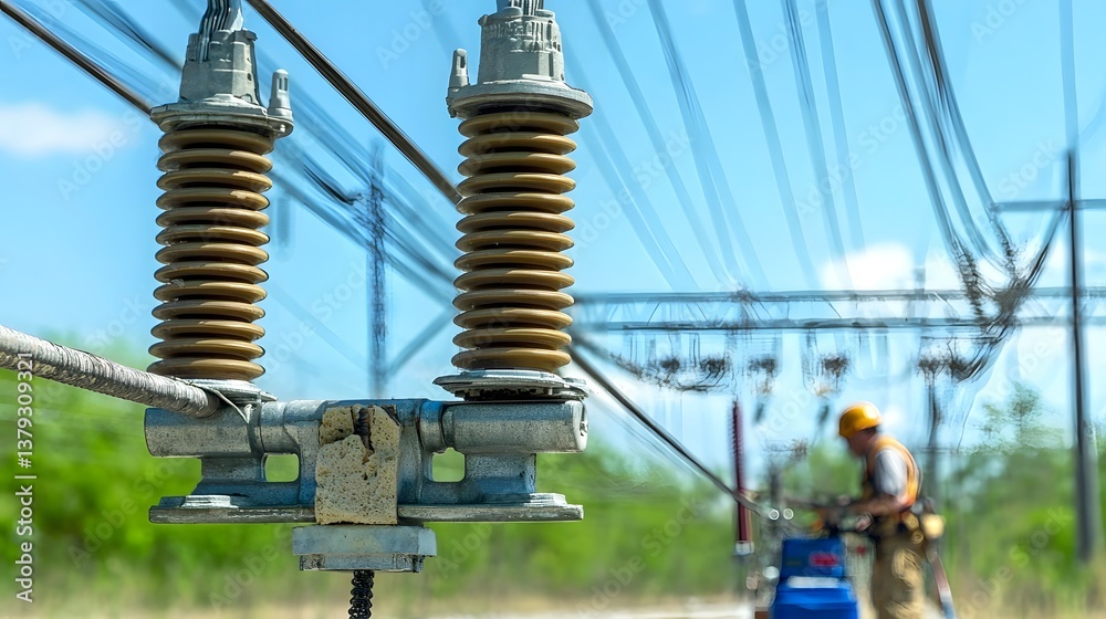 Poster utility worker repairing a damaged insulator on a high voltage power transmission line maintaining c