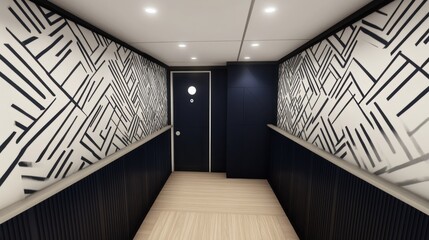 Obraz premium Modern Corridor with Geometric Wall Patterns and Wooden Floor