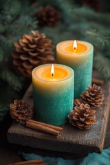 Christmas Festive Still Life with Glowing Candles Pinecones and Cinnamon Sticks on Rustic Wood Table
