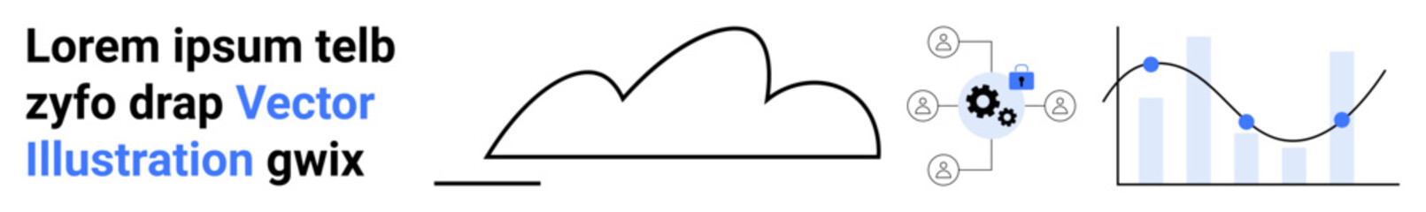 Cloud outline, gear with linked nodes, bar and line graph symbolize data integration, analysis, and strategies. Ideal for cloud computing, analytics, innovation, tech tools business solutions