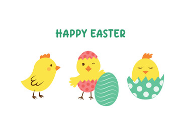 Happy Easter greeting card with chickens for kids, Easter egg hunt poster invitation, vector illustration