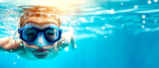 Naklejka premium A child swims underwater, wearing blue goggles, surrounded by sparkling water, capturing a moment of joy and adventure.
