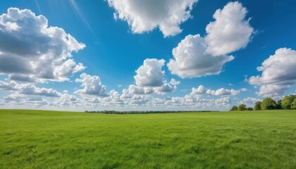 Obraz premium A green expanse under a blue sky filled with white clouds.