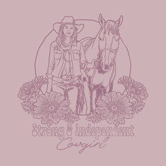 HAND DRAWN VINTAGE COWGIRL GIRL LADY FEMALE EMPOWERMENT FEMINISM WILD WEST HORSE ANIMAL DESERT FLORAL FLOWER TSHIRT TEE PRINT FOR APPAREL MERCHANDISE