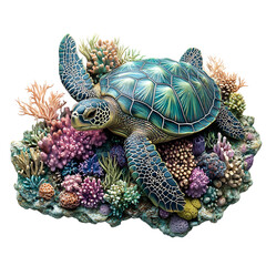 A Glowing Sea Turtle Swimming Near a Coral Reef Isolated on Transparent Background