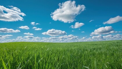 Obraz premium A field of grass with a blue sky and clouds.