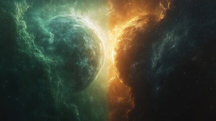 Vibrant Blue Green Planet with Glowing Star System in Cosmic Space