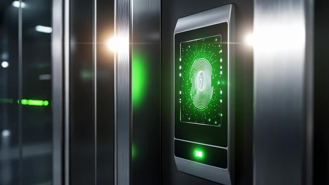 Closeup on a biometric scanner embedded in a robust security door displaying a digital fingerprint reader and a glowing authentication screen. The surrounding metallic surface reflects