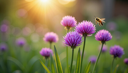 Obraz premium Bee pollinating purple flowers during sunset, Trees Blooming Timelapse 