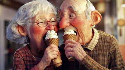 An animated image of an elderly couple eating ice cream. Couple of grandma and grandpa in a cartoon. A room with ice cream and a table. A moving picture of an older couple enjoying lifestyle ice.