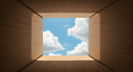 Looking Upward from Inside Brown Cardboard Box to a Partly Cloudy Sky with Natural Light