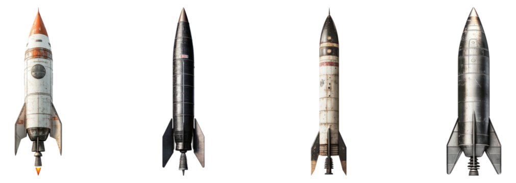 Vintage and Modern Rocket Designs for Space Exploration Concepts, Isolated on Transparent Background