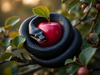 Black snake coiled around red apple, glossy scales, piercing eyes, symbolic temptation and forbidden fruit